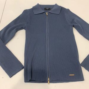 Tahari Blue Gray Zip Up Ribbed Sweater